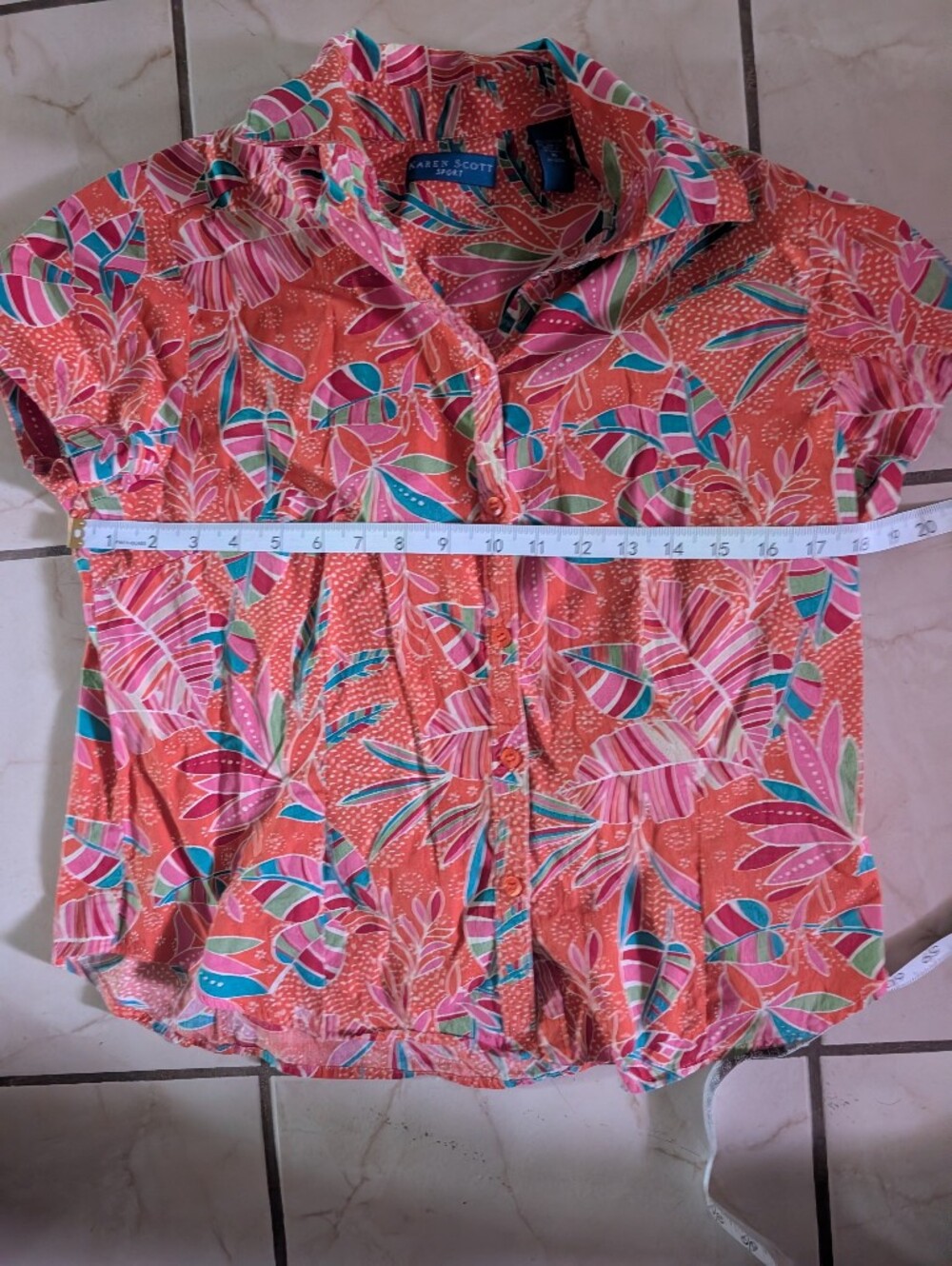Karen Scott Coral Button-Front Tropical Print Shirt - Picture 4 of 5